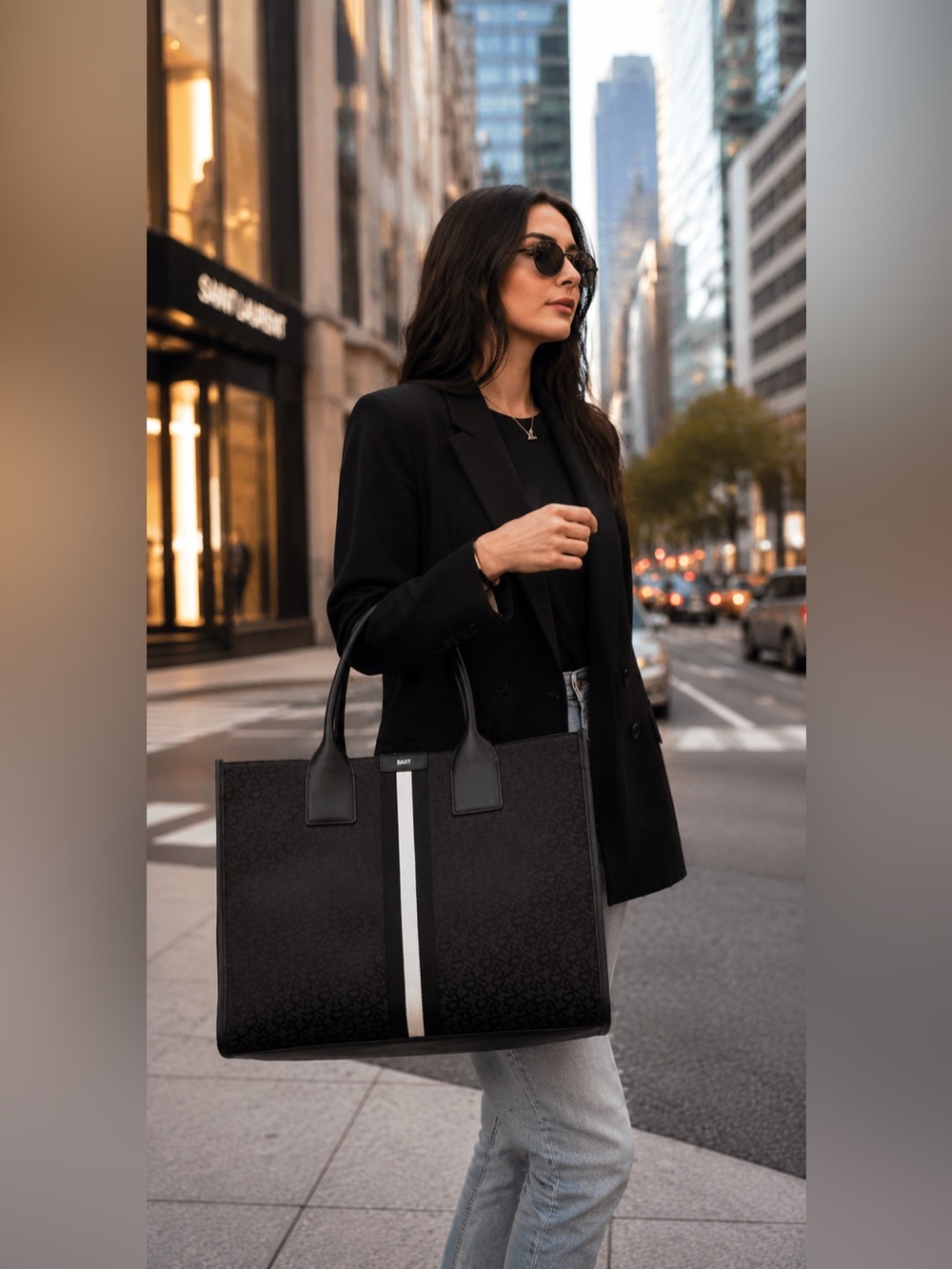 DKNY Black Tote with White Center Stripe